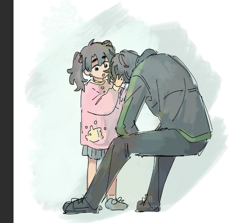 1boy, 1girl, :o, black_eyes, black_hair, black_jacket, blue_skirt, brother_and_sister