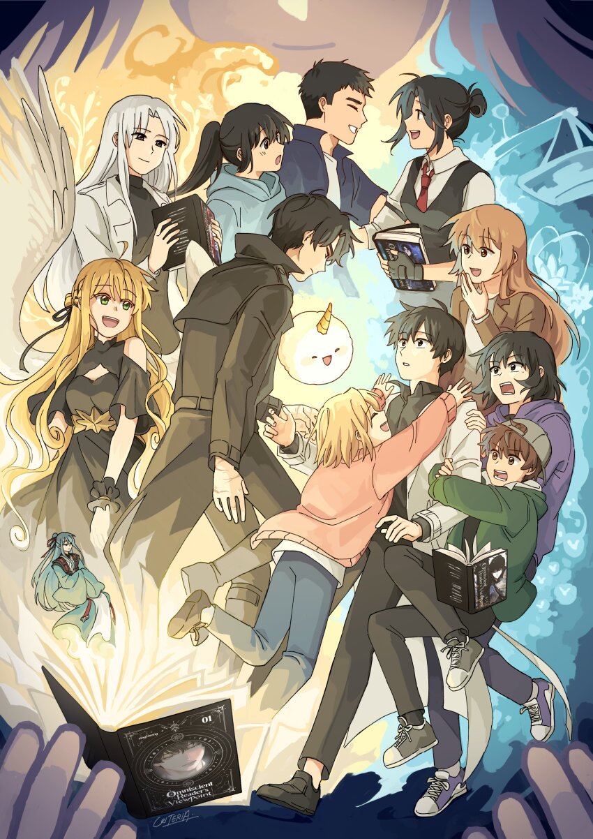 3boys, 6+girls, above-cleavage_cutout, absurdres, animal, backwards_hat, balance_scale, baseball_cap