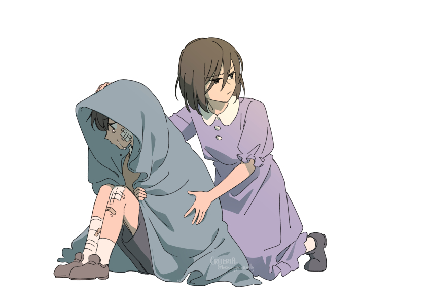 1boy, 1girl, absurdres, aged_down, bandage_on_face, bandage_on_knee, bandages, black_hair