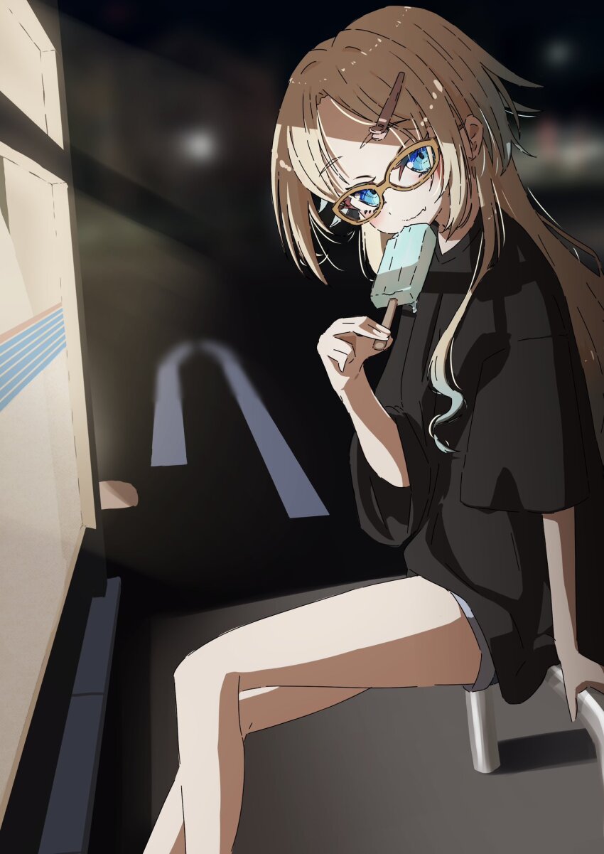 1girl, alternate_costume, black_shirt, blue_eyes, brown-framed_eyewear, commentary, feet_out_of_frame, food