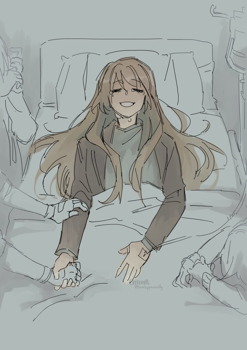 1girl, 3others, absurdres, black_jacket, brown_hair, character_request, check_character, closed_eyes