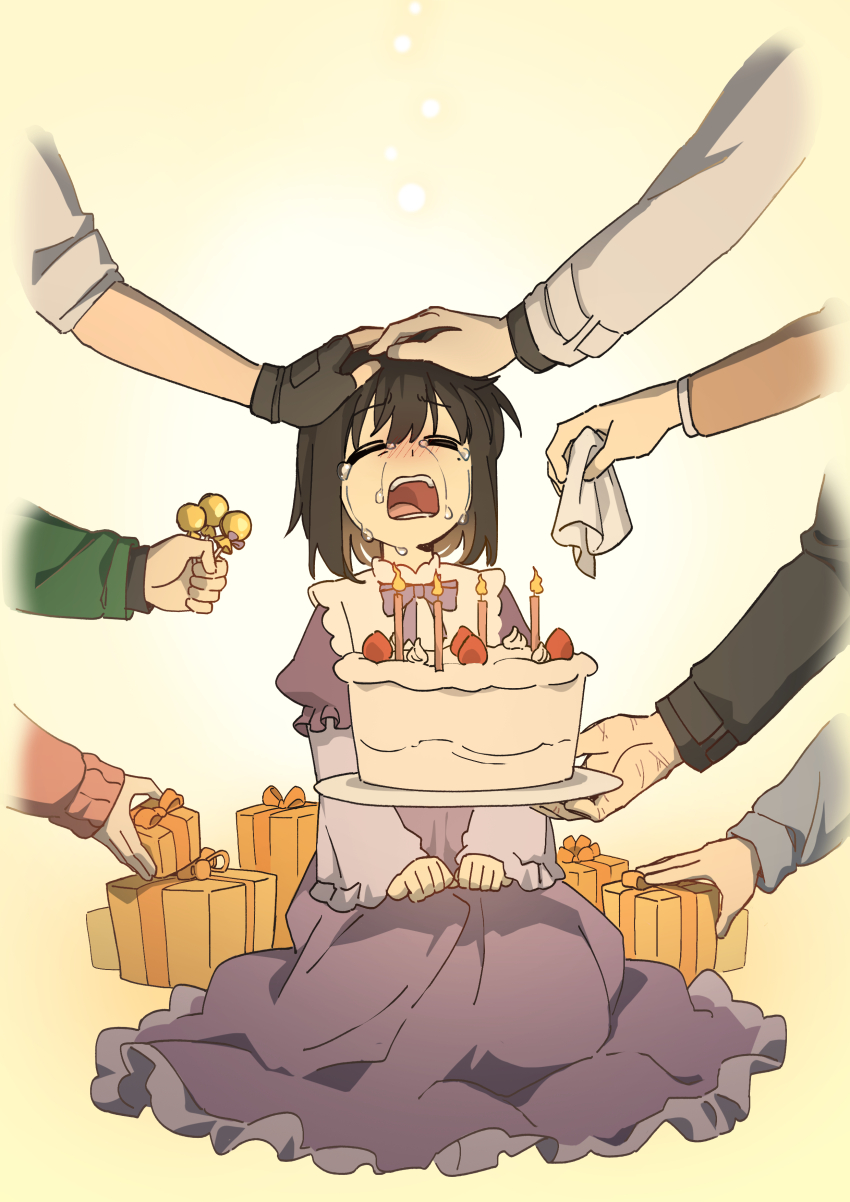 1girl, 6+others, absurdres, aged_down, black_gloves, black_hair, bob_cut, cake, candle, candy, child, closed_eyes, criteria, fingerless_gloves, flustered, food, furrowed_brow, gift, gloves, han_sooyoung, headpat, highres, holding, holding_cake, holding_candy, holding_food, holding_lollipop, holding_rag, jung_heewon, kim_dokja, lee_gilyoung, lee_hyunsung, lee_jihye, lollipop, long_sleeves, multiple_others, multiple_scars, omniscient_reader's_viewpoint, out_of_frame, scar, scar_on_hand, shin_yoosung, short_hair, sitting, sleeves_rolled_up, strawberry_cake, tears, yoo_joonghyuk