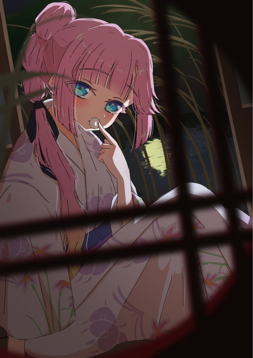 1girl, anyoji_hime, anyoji_hime_(hokkoku_hanabi), black_ribbon, blunt_bangs, blurry, blurry_foreground, blush