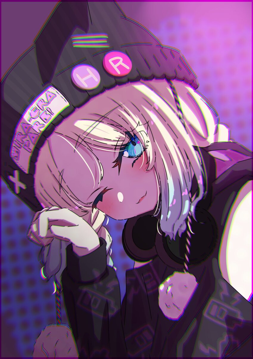 1girl, ;3, bare_shoulders, beanie, black_hat, blonde_hair, blue_eyes, blue_hair