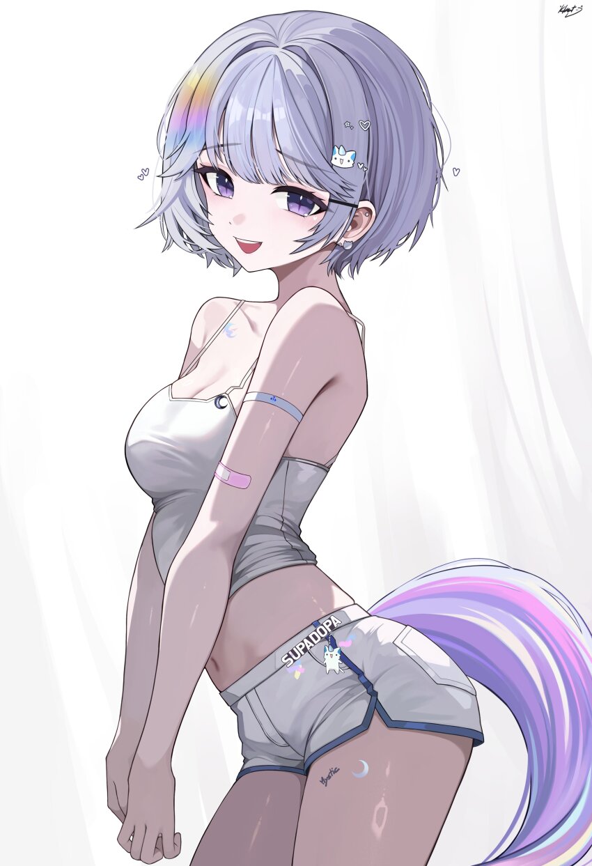 1girl, absurdres, arm_strap, arnyang_(ayatsuno_yuni), ayatsuno_yuni, bandaid, bandaid_on_arm, breasts, cat_earrings, crop_top, ear_piercing, earrings, grey_hair, highres, jewelry, kkato, looking_at_viewer, medium_breasts, midriff, open_mouth, piercing, purple_eyes, shirt, short_hair, short_shorts, shorts, signature, solo, spaghetti_strap, stellive, tail, virtual_youtuber, white_background, white_shirt, white_shorts