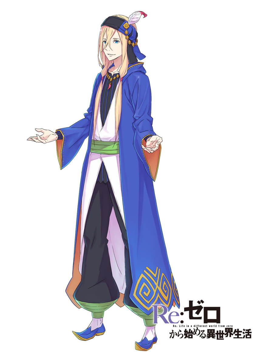 1boy, arabian_clothes, bandana, black_bandana, black_pants, black_shirt, blonde_hair, blue_eyes