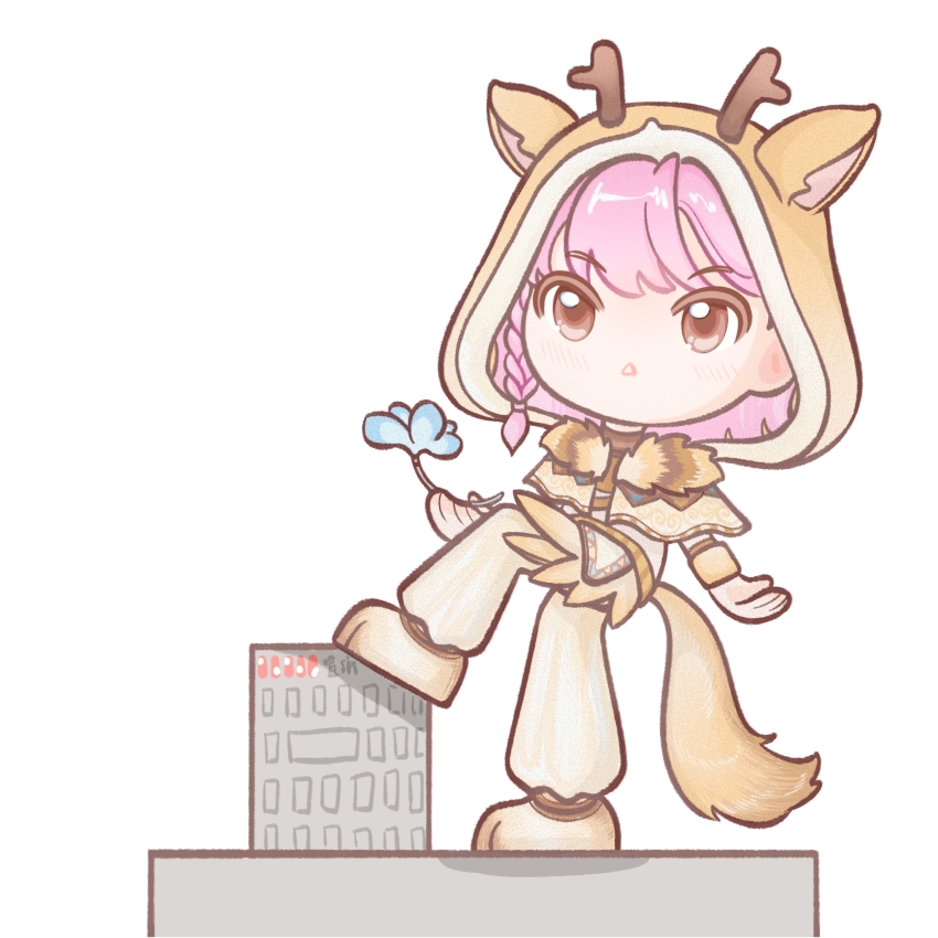 1girl, :3, animal_costume, animal_ear_hood, animal_ears, antlers, blue_flower, braid