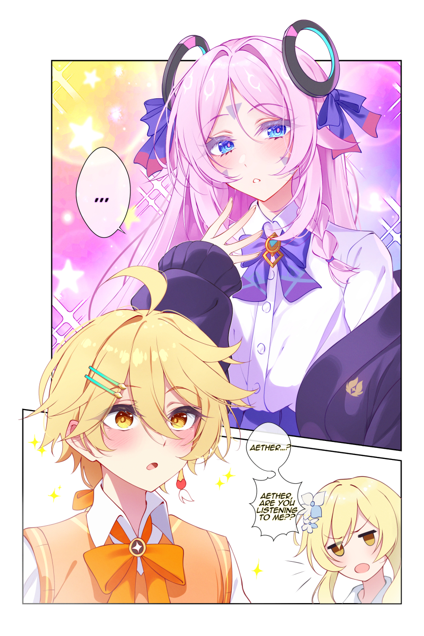 1boy, 2girls, absurdres, aether_(genshin_impact), aether_(parallels_meet_school)_(genshin_impact), ahoge, blonde_hair, blush, bow, brother_and_sister, citlali_(genshin_impact), collared_shirt, commentary_request, facial_tattoo, flower, genshin_impact, hair_between_eyes, hair_flower, hair_ornament, highres, looking_at_viewer, lumine_(genshin_impact), midori_(midori13579), multiple_girls, open_mouth, orange_bow, purple_bow, purple_sweater, ring_hair_ornament, shirt, siblings, speech_bubble, sweater, tattoo, twins, white_shirt, yellow_eyes