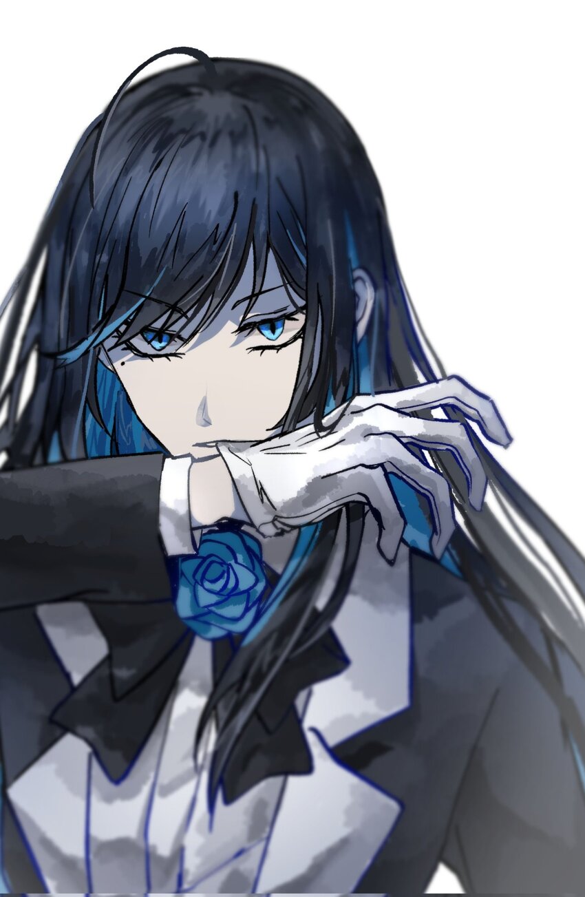 1girl, ado_(utaite), ahoge, biting, biting_glove, black_bow, black_bowtie, black_hair