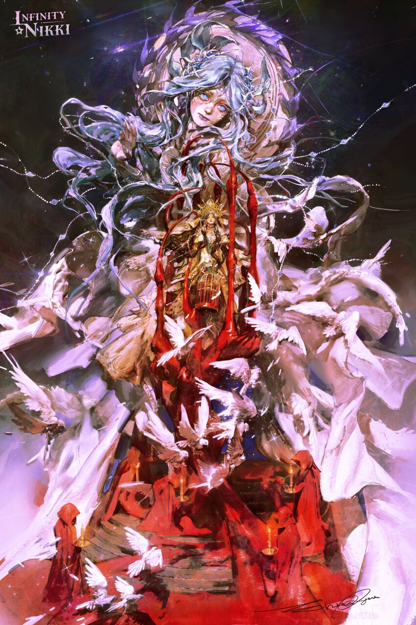 2girls, 6+others, absurdres, ambiguous_gender, behind_prayers_(infinity_nikki), bird, black_hair, black_sky