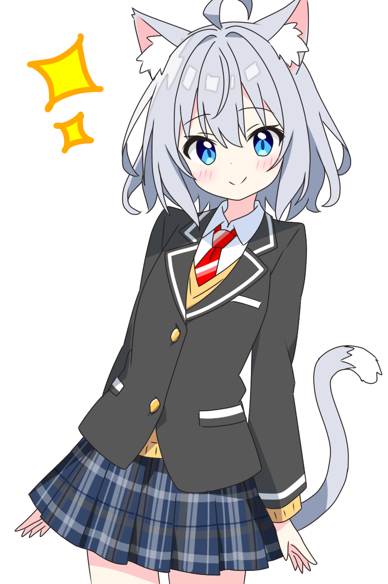 1girl, animal_ear_fluff, animal_ears, black_jacket, blazer, blue_eyes, blue_skirt, blush