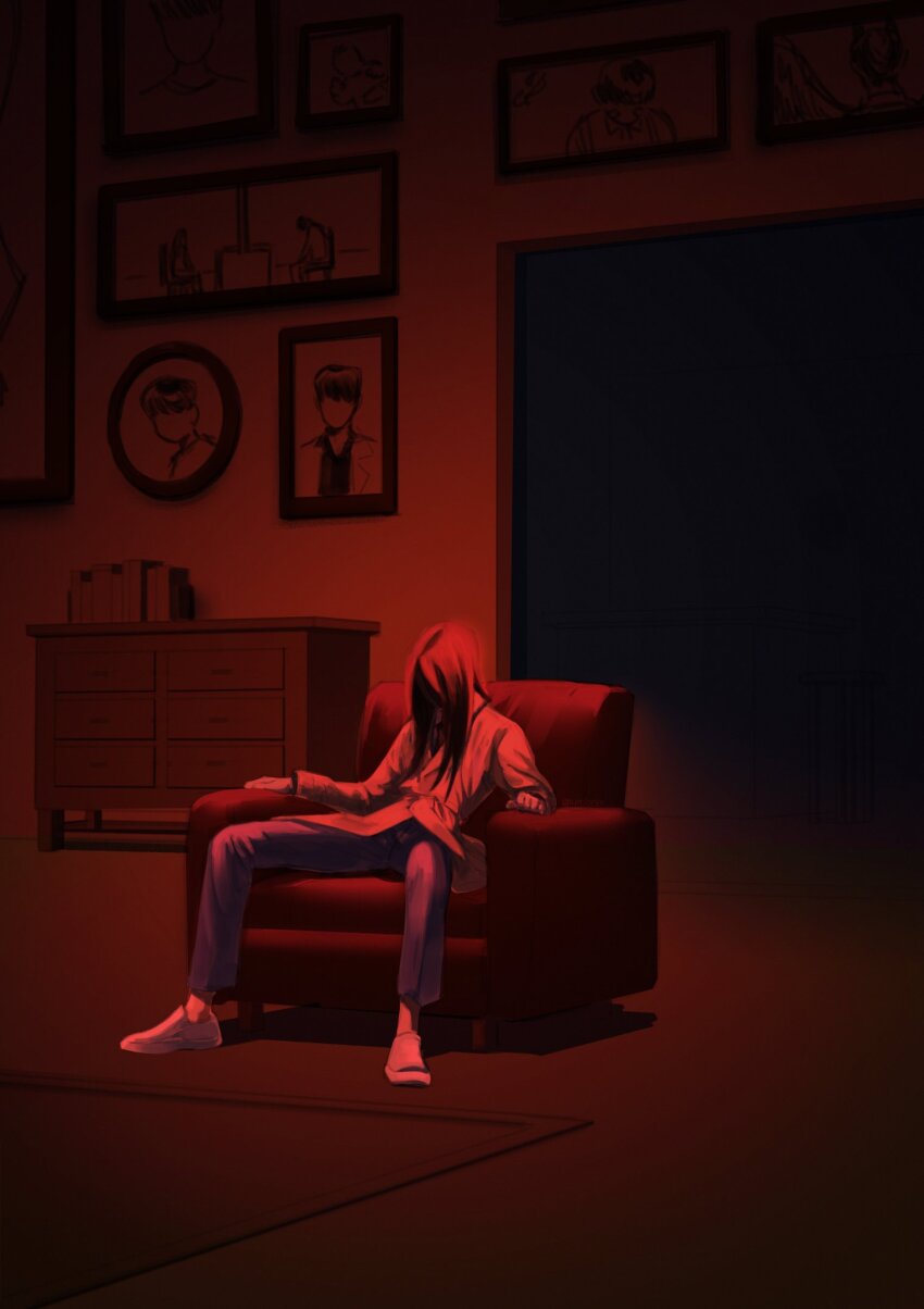 1girl, book, book_stack, chair, chest_of_drawers, elbow_rest, faceless, full_body