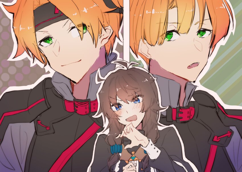 armor, black_armor, blue_eyes, blush, brown_hair, couple, flustered, green_eyes