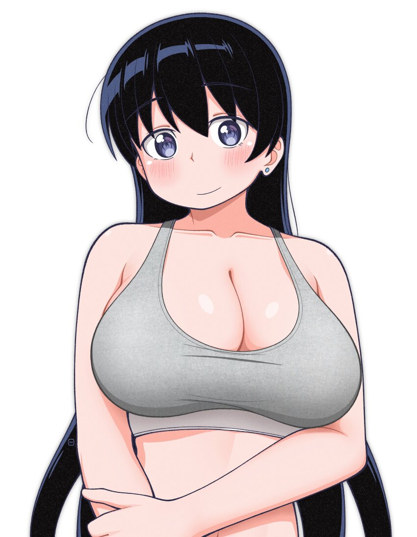 1girl, absurdres, arato_nagi, black_hair, blue_eyes, blush, breasts, cleavage