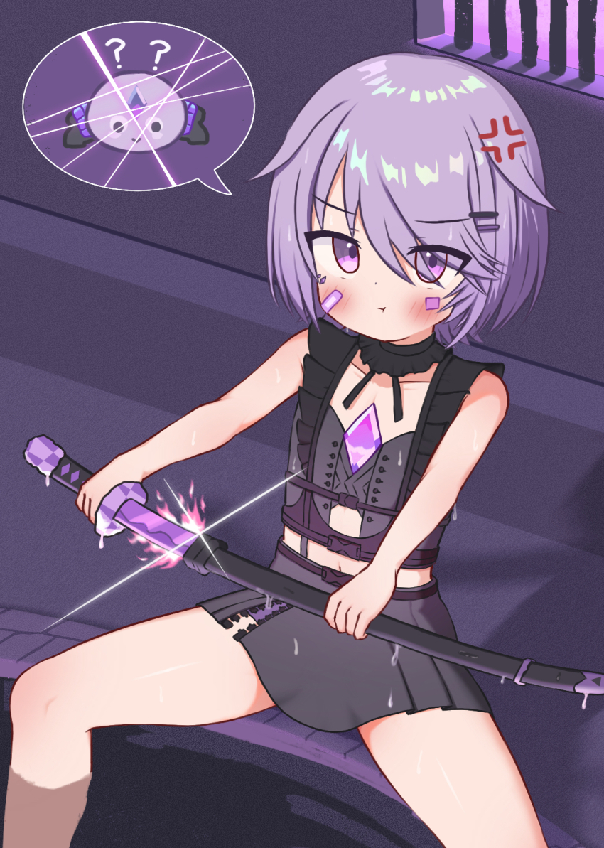 1girl, ?, bandaid, bandaid_on_face, blush, chest_jewel, corset, detached_collar