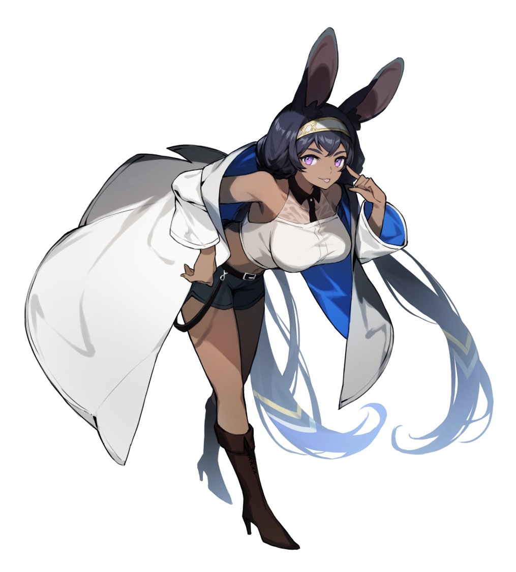 1girl, alternate_costume, animal_ear_fluff, animal_ears, bare_shoulders, black_hair, black_shorts, boots
