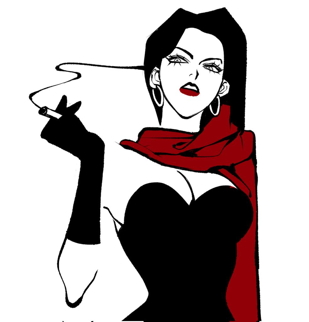 1girl, battle_tendency, black_hair, breasts, cigarette, clamchowder55, cleavage, commentary_request, corrupted_twitter_file, dress, earrings, elbow_gloves, gloves, holding, holding_cigarette, hoop_earrings, jewelry, jojo_no_kimyou_na_bouken, korean_commentary, large_breasts, lipstick, lisa_lisa, long_hair, looking_to_the_side, makeup, red_lips, scarf, smoke, smoking, solo, spot_color, strapless, strapless_dress, upper_body, white_background