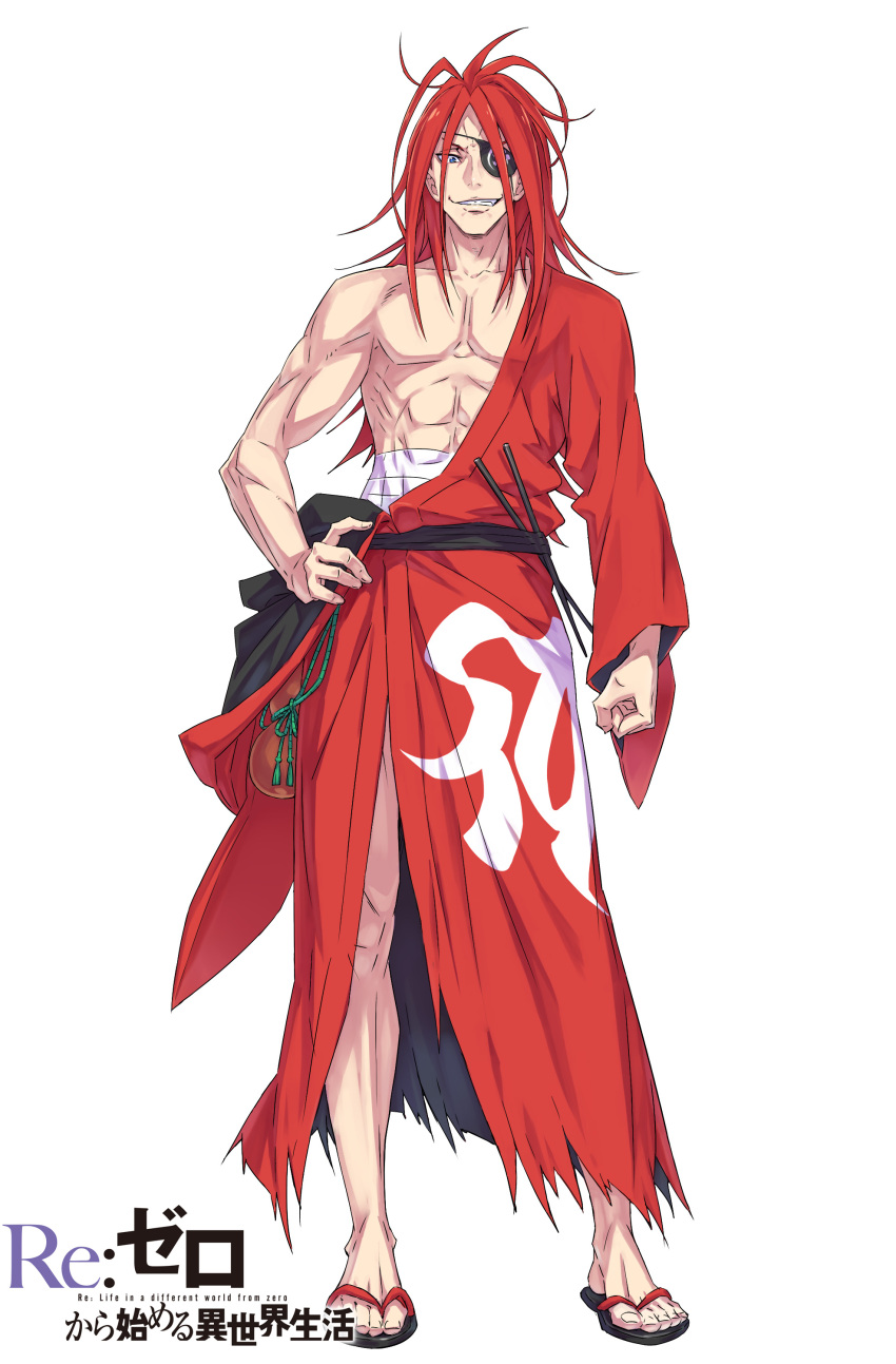 abs, absurdres, ahoge, bare_shoulders, biceps, black_sandals, black_sash, blue_eyes