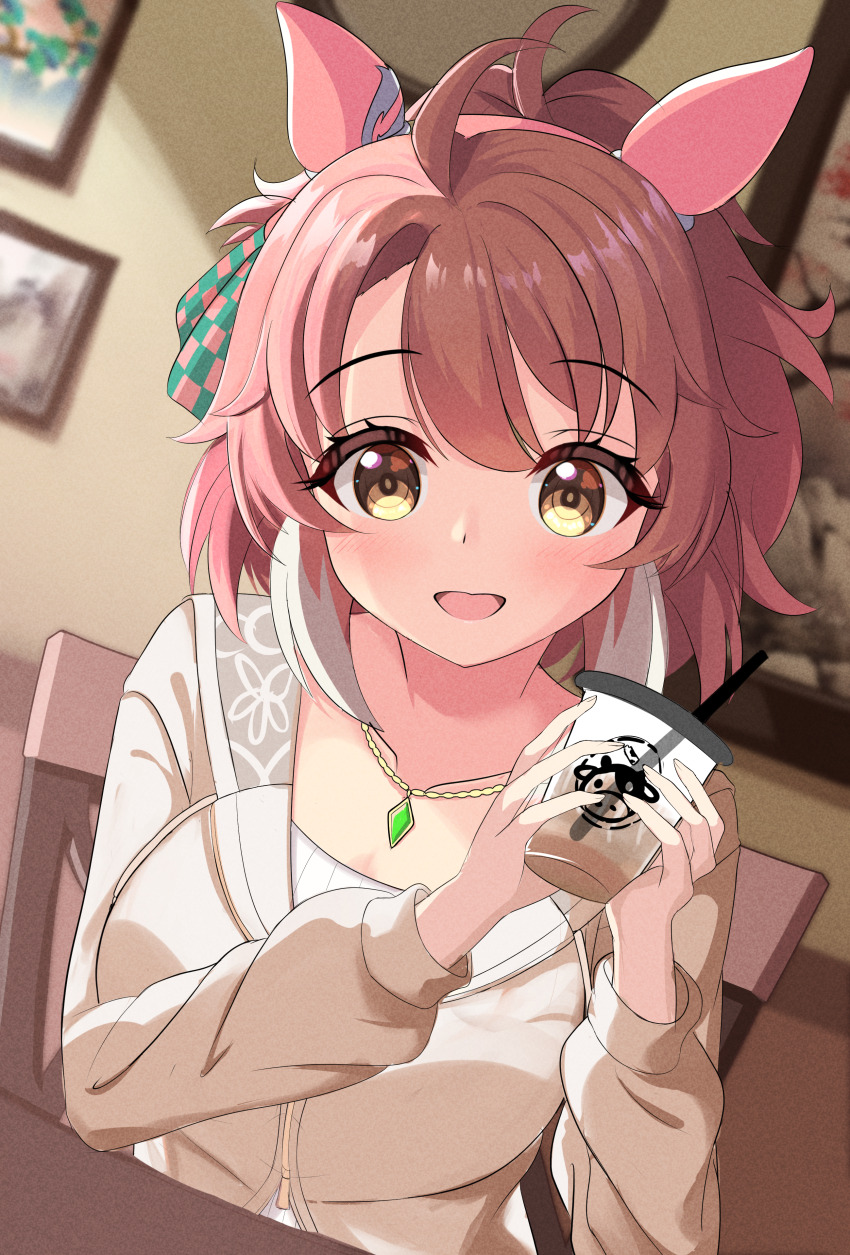 1girl, absurdres, ahoge, animal_ears, blush, breasts, brown_eyes, brown_hair