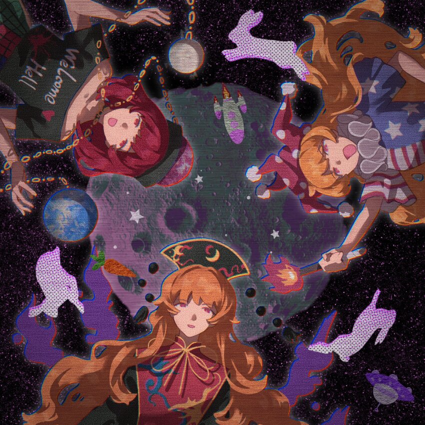 3girls, american_flag, american_flag_print, animal, arm_up, bare_arms, black_dress, black_hat