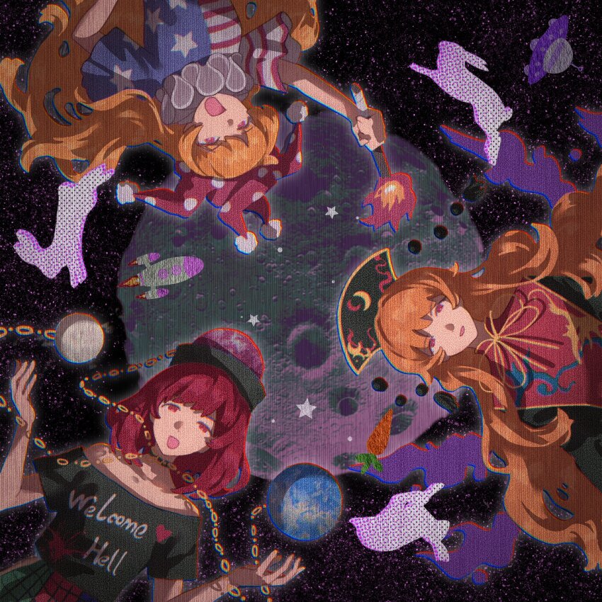 3girls, american_flag, american_flag_print, animal, arm_up, bare_arms, black_dress, black_hat