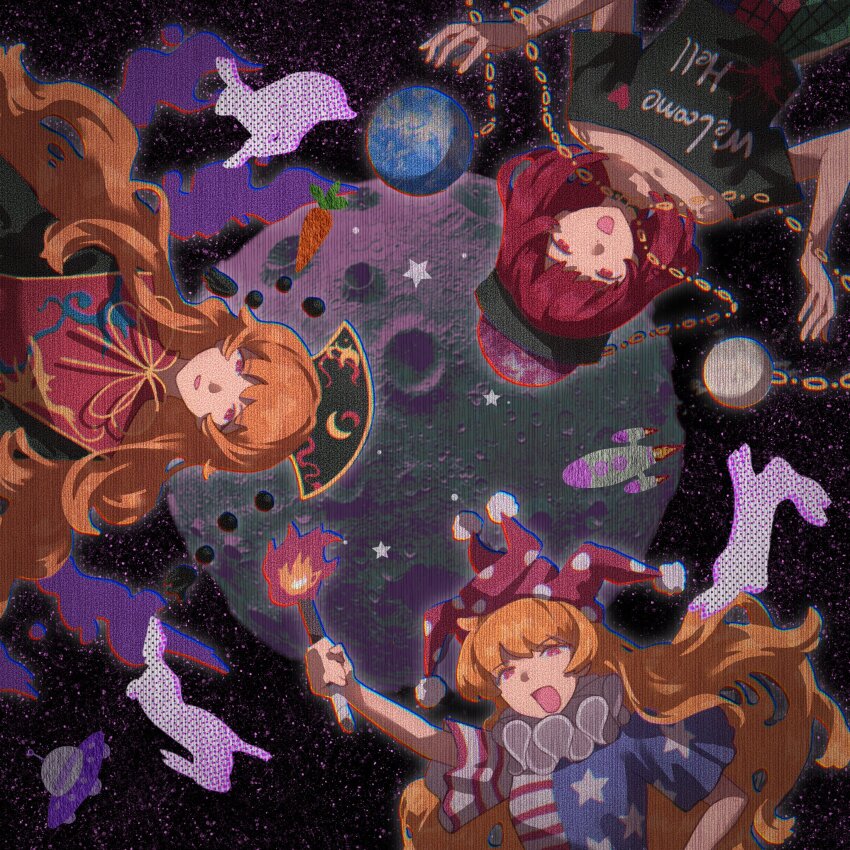 3girls, american_flag, american_flag_print, animal, arm_up, bare_arms, black_dress, black_hat