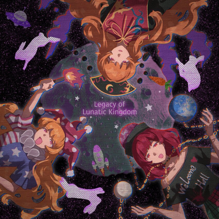 3girls, american_flag, american_flag_print, animal, arm_up, bare_arms, black_dress, black_hat