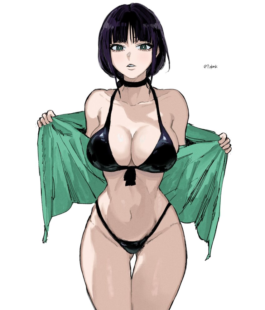 1girl, bare_shoulders, bikini, black_hair, bleach, braid, braided_ponytail, breasts