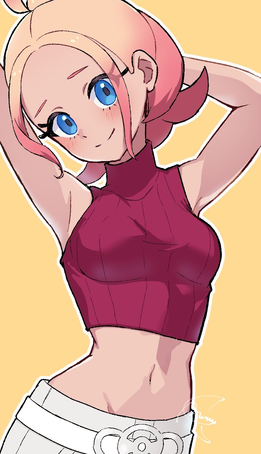 1girl, armpits, arms_behind_head, belt, belt_buckle, blonde_hair, blue_eyes, blush, breasts, buckle, closed_mouth, commentary, cropped_shirt, eyelashes, head_tilt, highres, looking_at_viewer, meru_merume603, navel, nintendo, outline, pants, pokemon, pokemon_legends:_z-a, red_shirt, shirt, signature, simple_background, smile, solo, split_mouth, taunie_(pokemon), white_belt, yellow_background