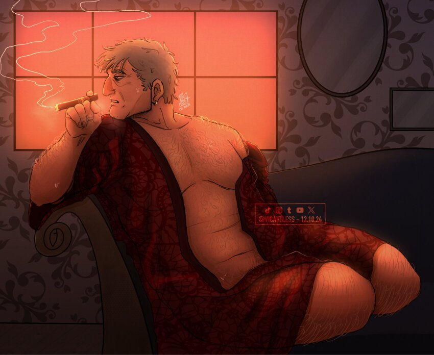 1boy, arm_hair, belly, black_eyes, black_trim, chest_hair, cigar, commentary, couch, dated, earrings, english_commentary, evening, facial_hair, floor, goatee_stubble, gravity_falls, grey_hair, grunkle_stan, gynecomastia, half-closed_eyes, highres, holding, holding_cigar, indoors, jewelry, leg_hair, looking_to_the_side, male_focus, old, old_man, on_couch, open_clothes, open_robe, parted_lips, red_robe, robe, see-through_robe, short_hair, short_sleeves, shoulder_hair, single_earring, sitting, smoke, stomach_hair, stubble, sweatdrop, teeth, twitter_username, vicartless, window, wrinkled_skin, yokozuwari