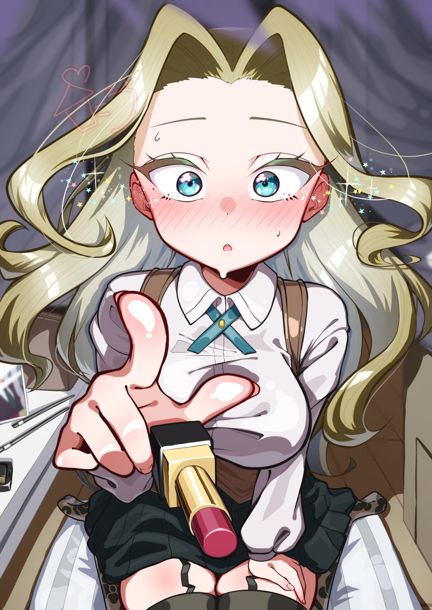 1girl, absurdres, applying_makeup, black_garter_straps, black_skirt, black_thighhighs, blonde_hair, blue_eyes