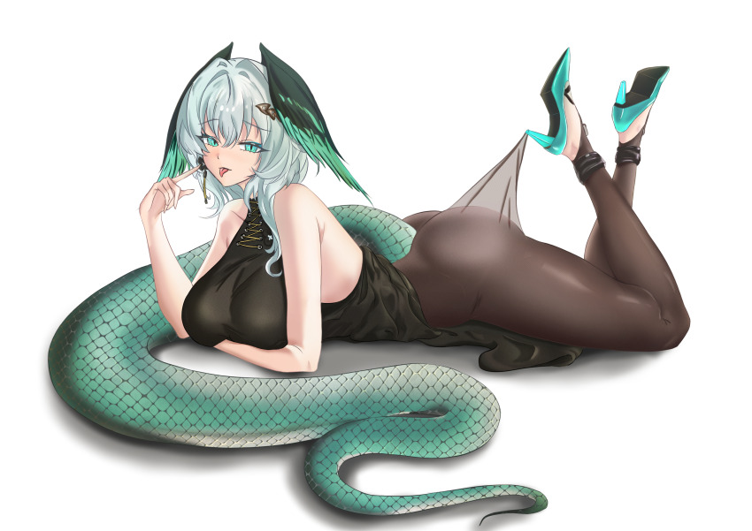 1girl, :p, absurdly_long_tail, absurdres, aqua_eyes, aqua_feathers, aqua_shoes, aqua_tail, aqua_wings, arknights, bare_arms, bare_shoulders, black_dress, black_pantyhose, breasts, chinese_commentary, commentary_request, cross-laced_clothes, cross-laced_dress, curvy, dress, earrings, eyelashes, feathered_wings, from_side, gradient_feathers, grey_hair, hand_up, head_wings, high_heels, highres, ho'olheyak_(arknights), ho'olheyak_(ritual_of_immortality)_(arknights), hooked_on_heel, huge_breasts, jewelry, lace_pantyhose_hooked_on_heel_(meme), long_dress, looking_at_viewer, lying, medium_hair, meme, no_bra, no_panties, no_pants, official_alternate_costume, on_stomach, pantyhose, pantyhose_tug, shoes, side_slit, simple_background, single_earring, slit_pupils, snake_girl, snake_tail, solo, tail, thick_thighs, thighs, tongue, tongue_out, two-tone_feathers, two-tone_wings, very_long_tail, vliyouhz, white_background, wings
