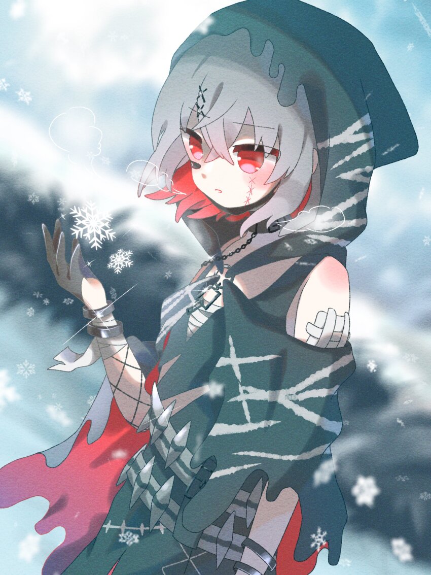 1girl, bandaged_arm, bandaged_chest, bandages, bandaid, bandaid_on_face, black_choker, black_cloak