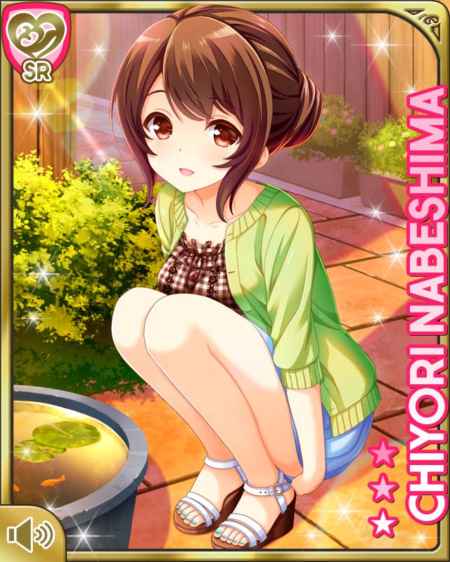 1girl, :d, blue_skirt, brown_eyes, brown_hair, brown_shirt, card_(medium), cardigan, character_name, checkered_clothes, checkered_shirt, frilled_shirt, frills, girlfriend_(kari), green_cardigan, hair_bun, hair_up, knees, legs, looking_at_viewer, miniskirt, nabeshima_chiyori, nail_polish, official_art, open_mouth, pavement, qp:flapper, sandals, shirt, single_hair_bun, skirt, smile, solo, squatting, thighs, toenail_polish, toenails