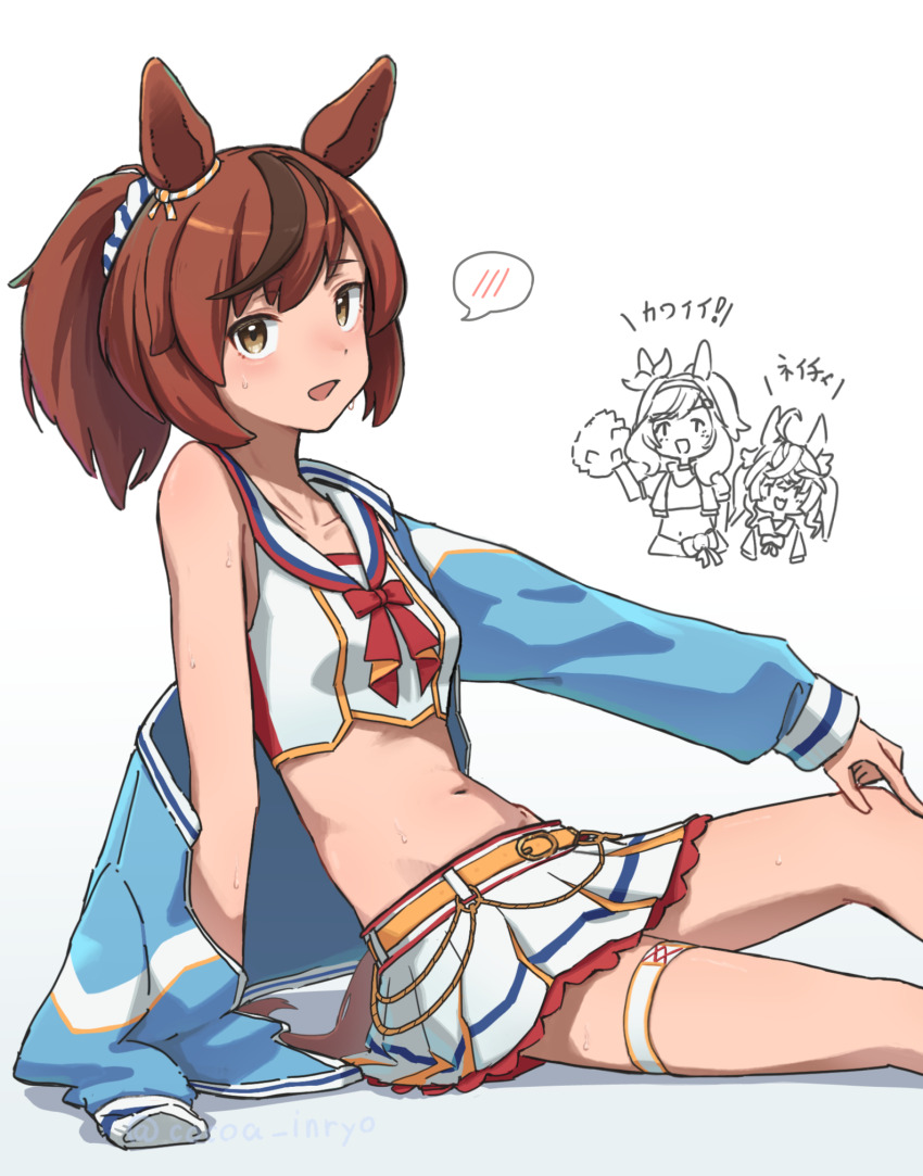3girls, animal_ears, belt, blue_jacket, blush, bow, breasts, brown_eyes, brown_hair, cheerleader, cocoa_inryo, collarbone, commentary_request, crop_top, highres, horse_ears, horse_girl, horse_tail, jacket, jacket_partially_removed, looking_at_viewer, matikanetannhauser_(blue_turbulence)_(umamusume), matikanetannhauser_(umamusume), medium_hair, midriff, multicolored_hair, multiple_girls, navel, nice_nature_(run&amp;win)_(umamusume), nice_nature_(umamusume), open_clothes, open_jacket, open_mouth, ponytail, red_bow, school_uniform, shirt, shoes, simple_background, single_bare_shoulder, skirt, smile, socks, solo_focus, spoken_blush, streaked_hair, tail, thigh_strap, tracen_school_uniform, twin_turbo_(umamusume), umamusume, white_background, white_shirt, white_skirt, white_socks, yellow_belt
