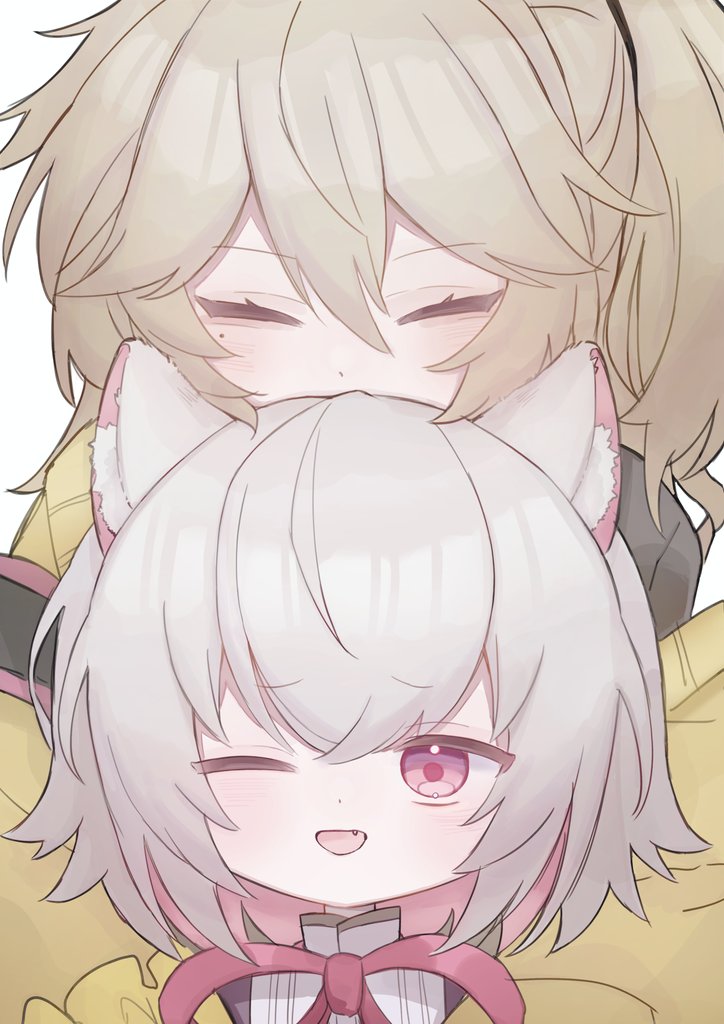 2girls, animal_ear_fluff, animal_ears, arazan_(ara_arazan24), blonde_hair, cardigan, cat_ears, close-up