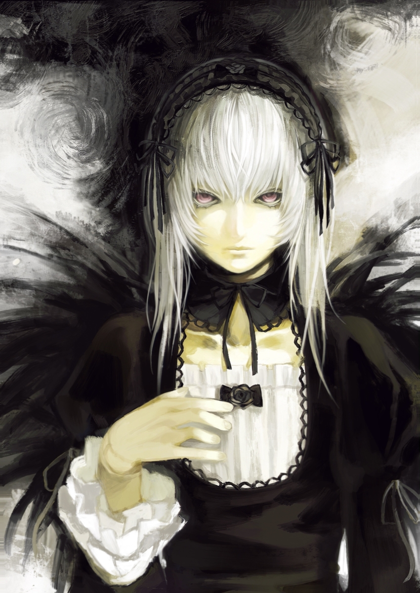 1girl, black_collar, black_dress, black_hairband, black_ribbon, black_wings, closed_mouth, collar