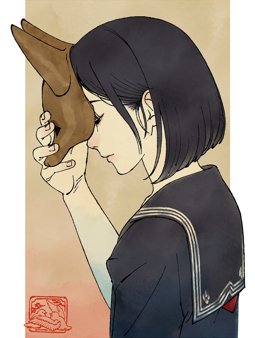 1girl, black_eyes, black_hair, commentary, fox_mask, from_side, hair_behind_ear, highres, looking_down, mask, medium_hair, portrait, putting_on_mask, sailor_collar, school_uniform, shimizu_hinako, silent_hill_(series), silent_hill_f, untranslatable_commentary, terayama_(terra_yama_8383)