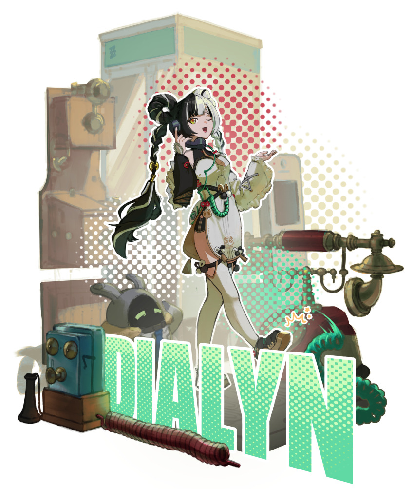 1girl, absurdres, antique_phone, bangboo_(zenless_zone_zero), bare_shoulders, black_hair, black_shorts, blurry