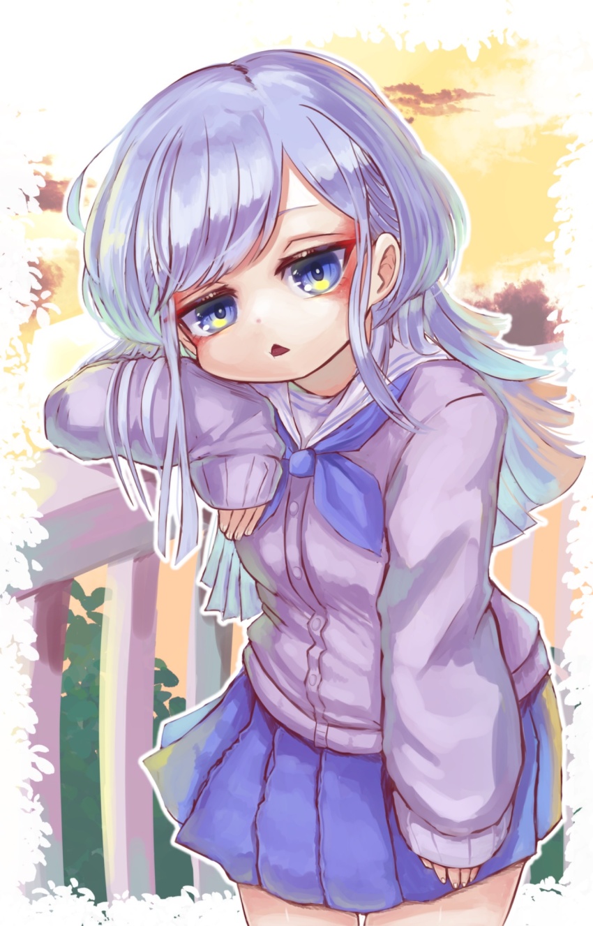 against_railing, blue_eyes, blue_hair, blue_neckerchief, blue_skirt, cardigan, commentary_request, cowboy_shot