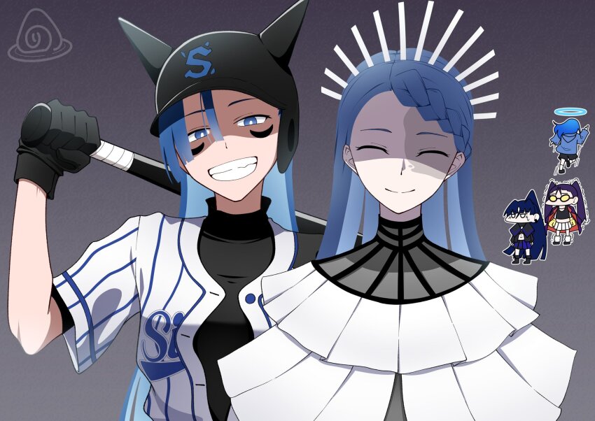 5girls, ado_(utaite), baseball_bat, black_gloves, blue_eyes, blue_hair, boxing_gloves, braid