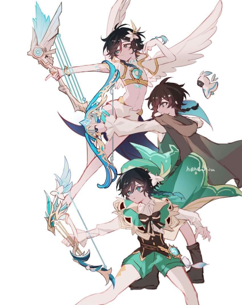 3boys, anemo_symbol_(genshin_impact), artist_name, barbatos_(genshin_impact), bard, black_hair, blue_hair, bow