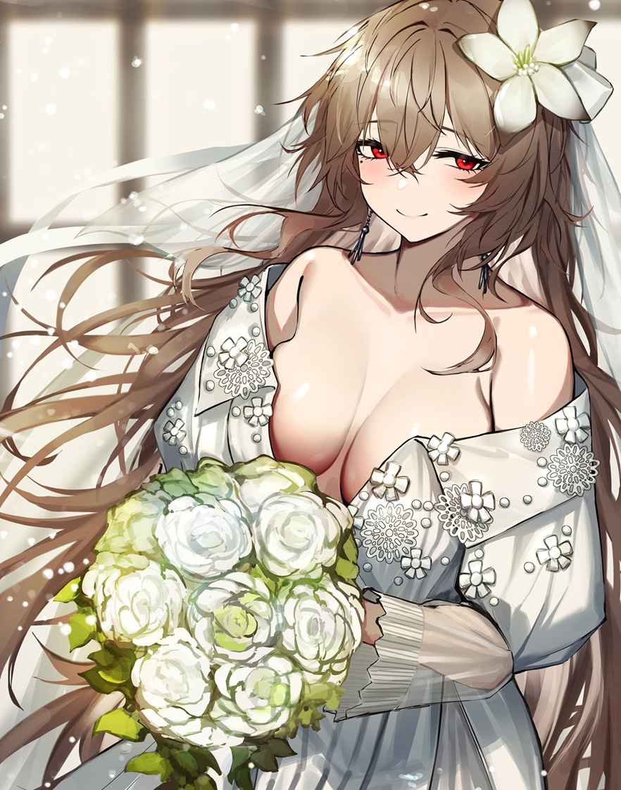 1girl, 3_small_spiders, bare_shoulders, blush, bouquet, breasts, breasts_apart, bridal_veil