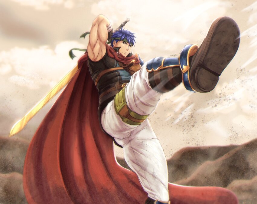 1boy, blue_hair, cape, commentary, english_commentary, fire_emblem, fire_emblem:_radiant_dawn, green_headband, headband, highres, holding, holding_sword, holding_weapon, ike_(fire_emblem), male_focus, miss_millia, nintendo, outdoors, ragnell, red_cape, short_hair, solo, sword, weapon