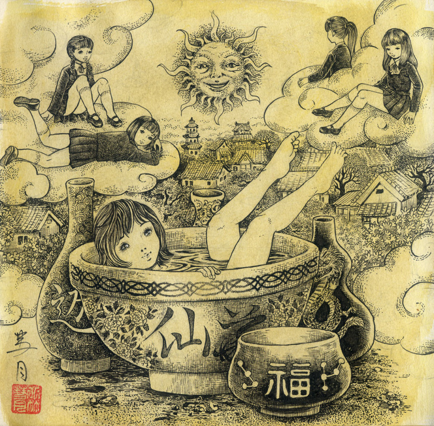 5girls, arm_support, barefoot, bath, bottle, bow, bowl, bowtie, braid, cloud, fractal_underground_studio, high_ponytail, house, jacket, kneehighs, legs_up, loli, long_sleeves, looking_at_viewer, lying, mary_janes, monochrome, multiple_girls, nude, original, parted_lips, ponytail, school_uniform, shirt, shoes, short_hair, sitting, skirt, sky, smile, socks, sun, sun_with_face, tower, traditional_media, tree, twin_braids, water