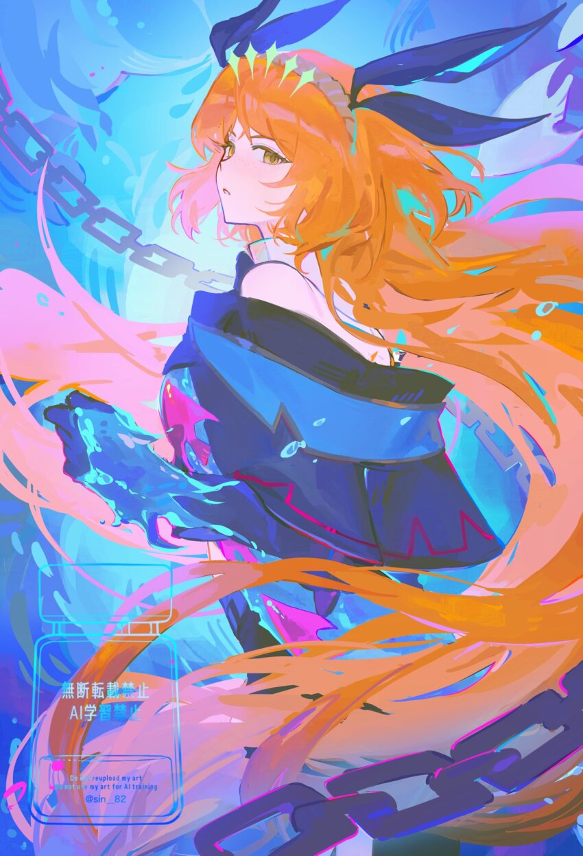 1girl, arknights, black_capelet, black_gloves, black_ribbon, brown_hairband, capelet, chain