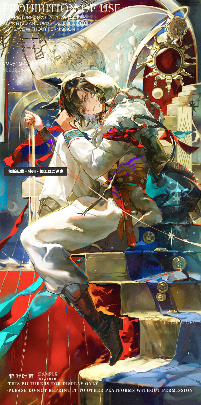 1boy, absurdres, animal_ear_piercing, animal_ears, belt, black_eyes, boots, braid