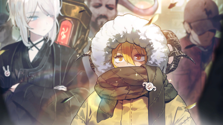 1other, 2boys, 2girls, animal_pin, baseball_cap, black_robe, blonde_hair, blue_eyes, chain, cow_horns, curled_horns, don_quixote_(project_moon), facial_hair, faust_(project_moon), fur-trimmed_hood, fur_trim, game_cg, goatee, hat, heathcliff_(project_moon), heishou_pack-mao_branch_(identity)_(project_moon), heishou_pack-wei_branch_(identity)_(project_moon), heishou_pack-you_branch_(identity)_(project_moon), highres, hood, horns, jacket, limbus_company, medium_hair, multiple_boys, multiple_girls, nai_ga, official_art, project_moon, rabbit_pin, robe, scarf, sheep_horns, short_hair, sparkle, sword, sword_on_back, weapon, weapon_on_back, white_hair, yellow_eyes, yellow_jacket