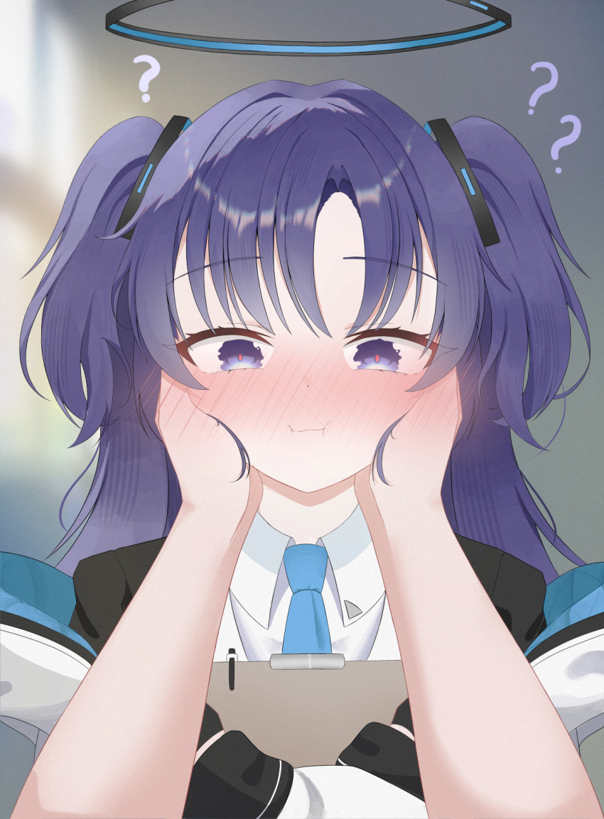 1girl, ?, ??, black_jacket, blue_archive, blue_necktie, blurry, blurry_background, blush, bomjija, clipboard, collared_shirt, commentary_request, halo, hand_on_another's_face, highres, holding, holding_clipboard, jacket, jacket_partially_removed, looking_at_viewer, mechanical_halo, necktie, original, pen, pov, pov_hands, purple_eyes, purple_hair, shirt, twintails, white_shirt, yuuka_(blue_archive)