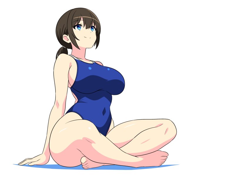 1girl, absurdres, barefoot, black_hair, blue_eyes, blue_one-piece_swimsuit, breasts, commentary_request